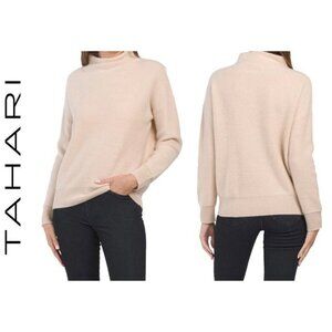 TAHARI Funnel Neck 100% 2-PLY Cashmere Pullover Sweater Beige Soft Preppy